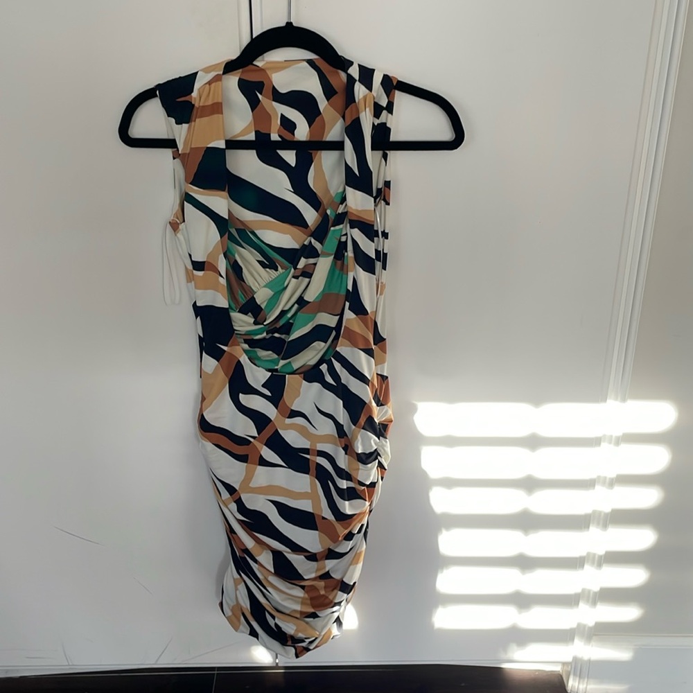 ROBERTO CAVALLI short stretchy print dress crisscross front sz38  gathers side